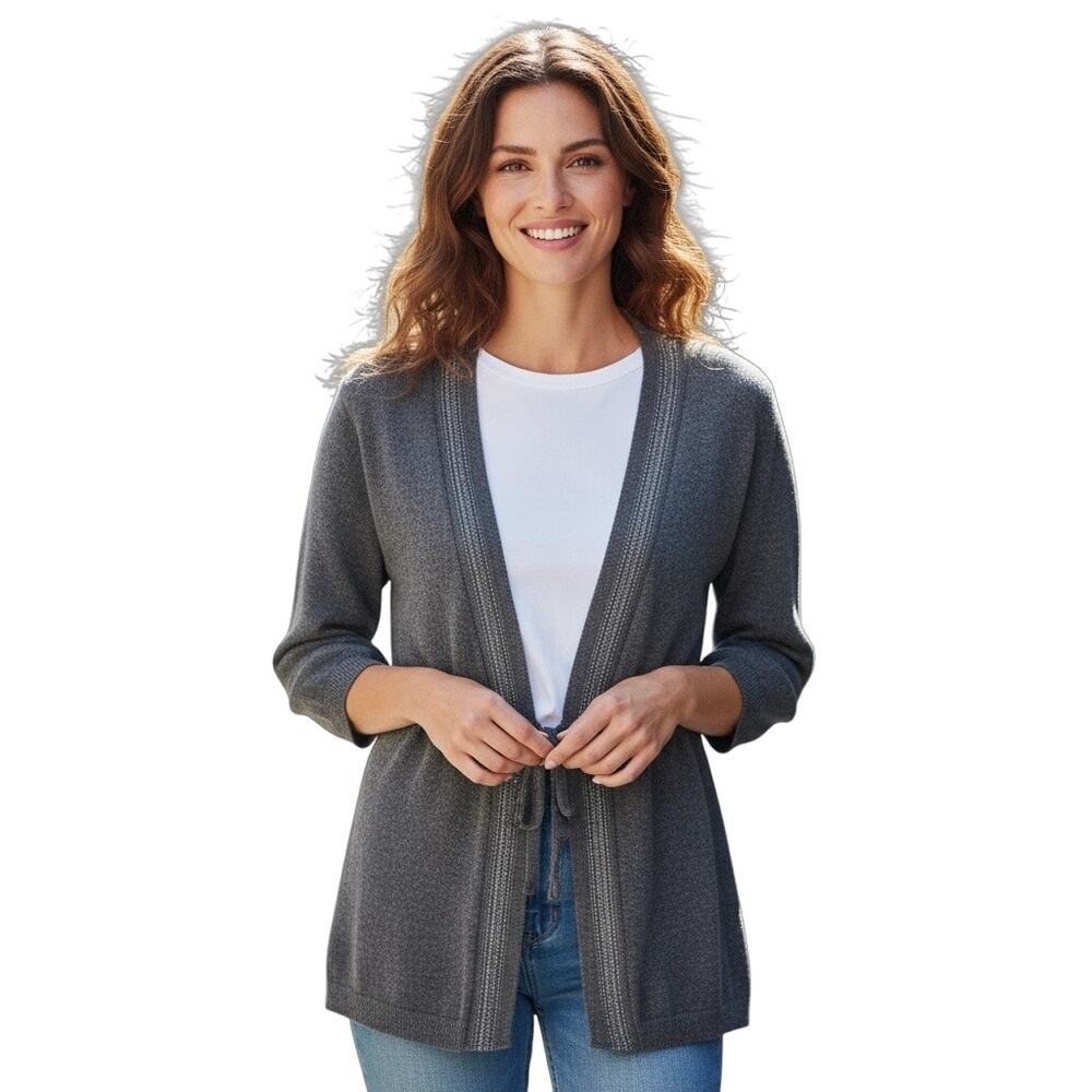 Velvet by Graham & Spencer Gray Cashmere Tie Cardigan with Glitter Lapels- Small